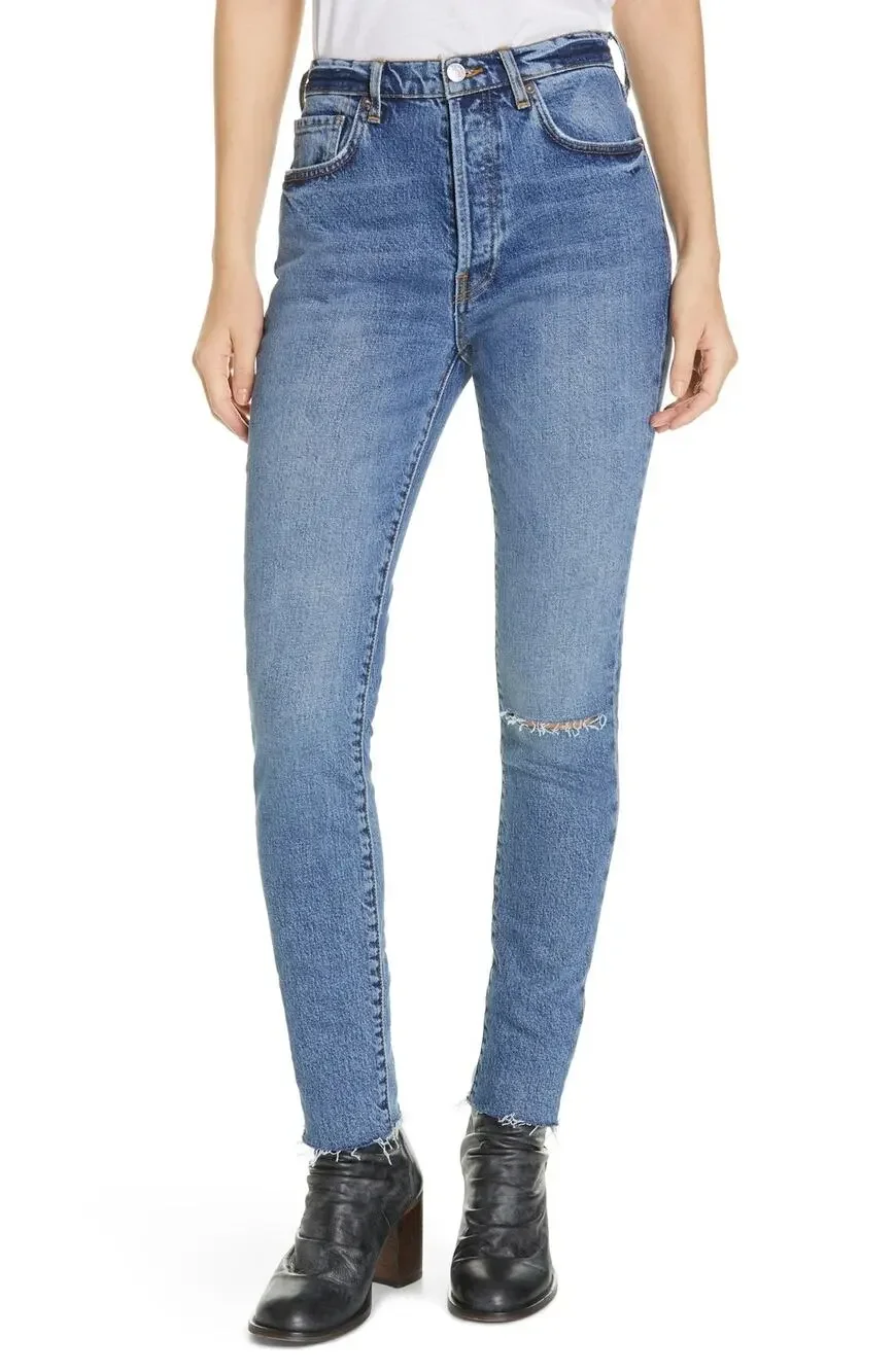 Free People Stella Distressed Skinny Jeans Size 26 Raw Hem Denim